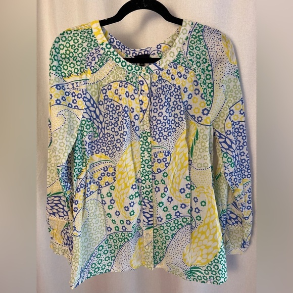 Talbots Womens Green Blue Paisley Blouse Medium Cottagecore Eyelet Summer Vibe - Picture 3 of 12